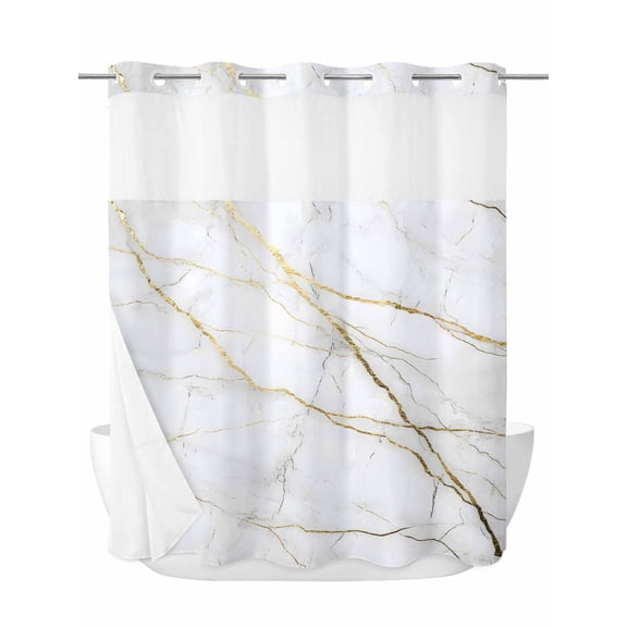 Gold White Marble No Hook Shower Curtain and Liner Set Gold Lines Abstract Modern Shower Curtains with Snap-in Liner & See Through Top Window Hotel Style for Bathroom Decor 66x72 Inch