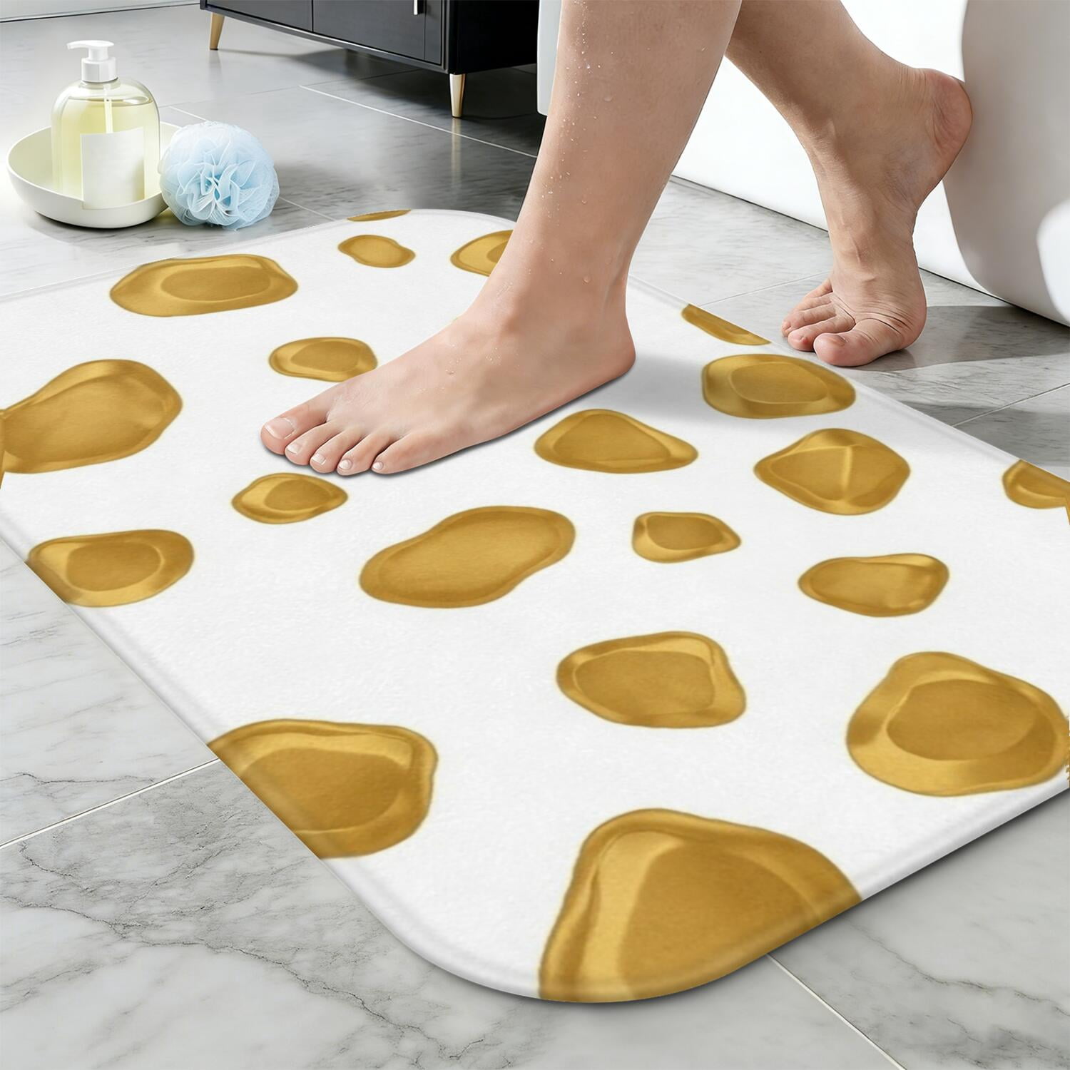 Gold and White Marble Pattern Non-Slip Bath Mat, Shower Room Rug with ...