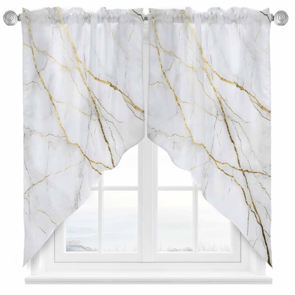Gold White Marble Swag Valances for Windows 2 Pack Gold Lines Abstract Modern Swag Kitchen Curtains 36 Inches Long Rod Pocket Short Window Treatment for Kitchen Bathroom 28"x36"