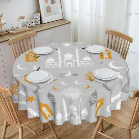 Gold White Ramadan Mosque Lantern Silhouette Round Tablecloth Waterproof Oil Proof Spill Proof Table Cloth 70" for Camping, Dining, Indoor and Outdoor Table Cover