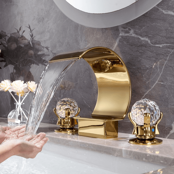 Gold Widespread Waterfall Bathroom Sink Faucet 2 Handle 3Hole Basin Mixer Tap