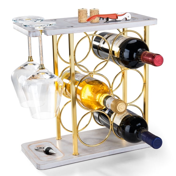 Gold Wine Rack with Glass Holder, Countertop Wooden Wine Holder for 6 Bottles & 2 Glasses, Includes Storage Trays for Corks & Openers  Perfect White & Gold Wine Display for Home Bar & Kitchen Decor
