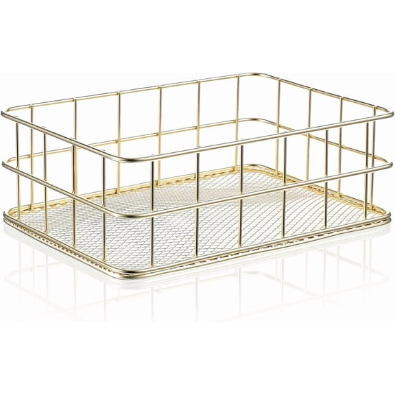Gold Wire Basket, 6.8" Small Metal Mesh Organizer Bin for Desk & Vanity