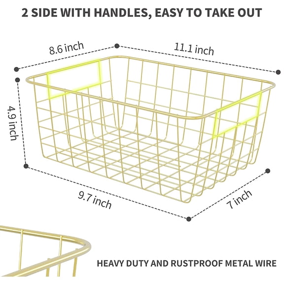 Gold Wire Baskets for Organizing, Metal Storage Baskets with Handles, Sturdiness Small Wire Storage Basket Organizer Bins for Pantry Kitchen Bathroom, 4 Pack$$Home Decor, Kitchen, & Other