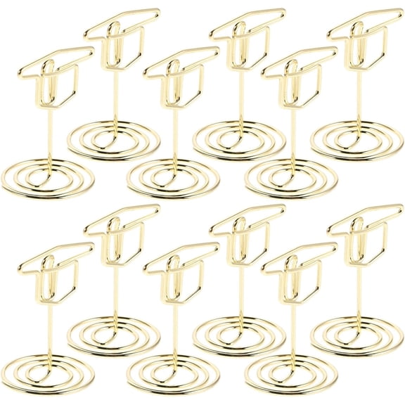 Gold Wire Grad Cap Place Card Holders, Table Number Clip Stands & Memo Clamps for Graduation Ceremony & Wedding Reception Decor(RL 12 PCS)