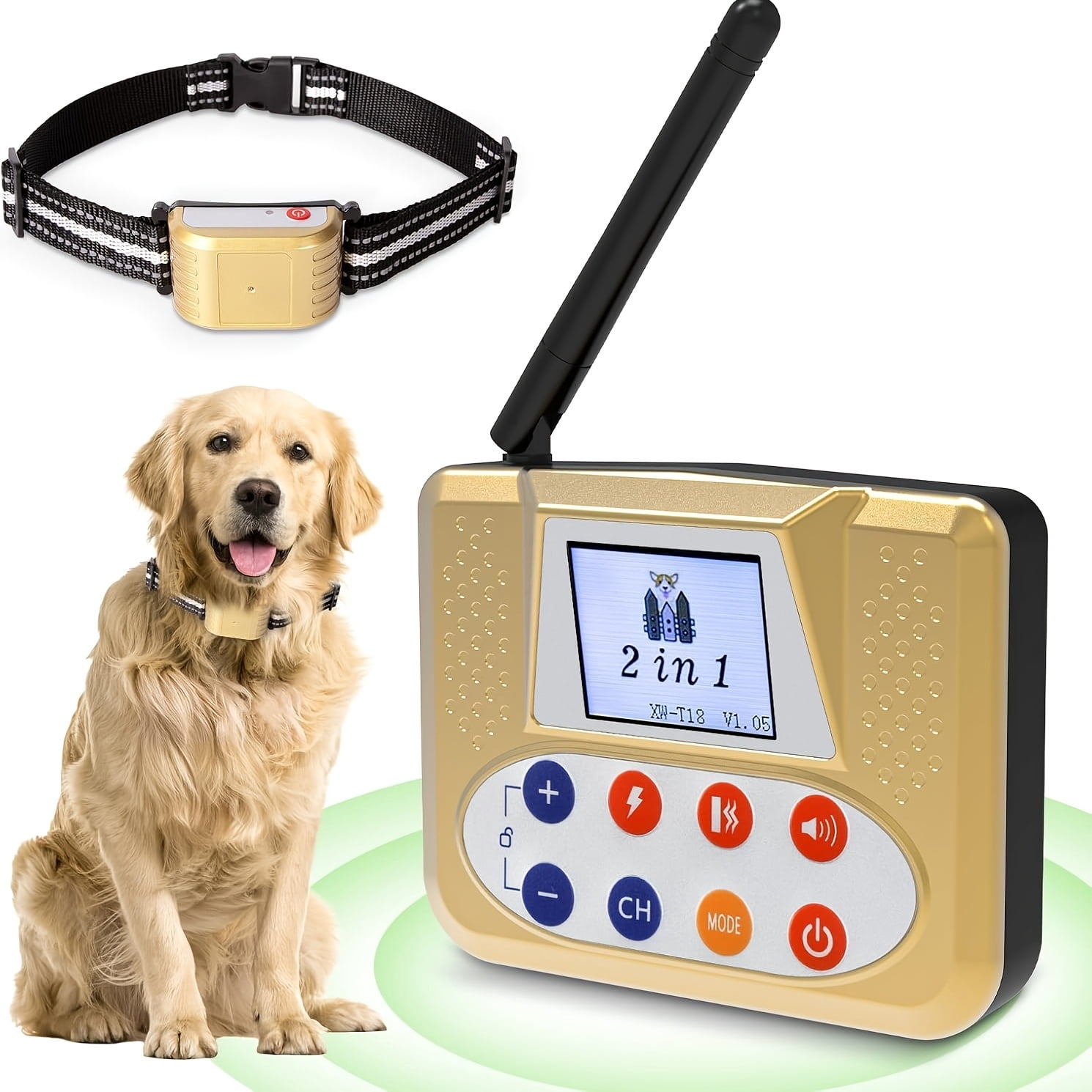 Gold Wireless Dog Fence for 2 Dogs, Electric Fence with BIG LCD Screen, Portable Fence with 2.4G Signal, Remote Training Collar, Dog Containment System, Adjustable for Big Medium Small Dogs