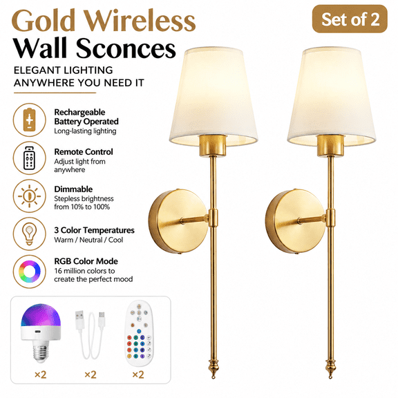 Gold Wireless Wall Sconces Set of 2, Rechargeable Battery Operated Wall Lamps with Fabric Shade, Dimmable Wall Lights with Remote Control for Bedroom, Living Room, Hallway