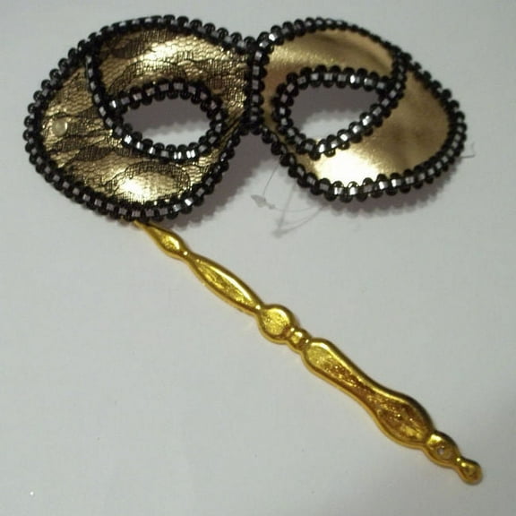 Gold With Black Opera Stick Lace Mask Masquerade Party Mardi Gras Halloween
