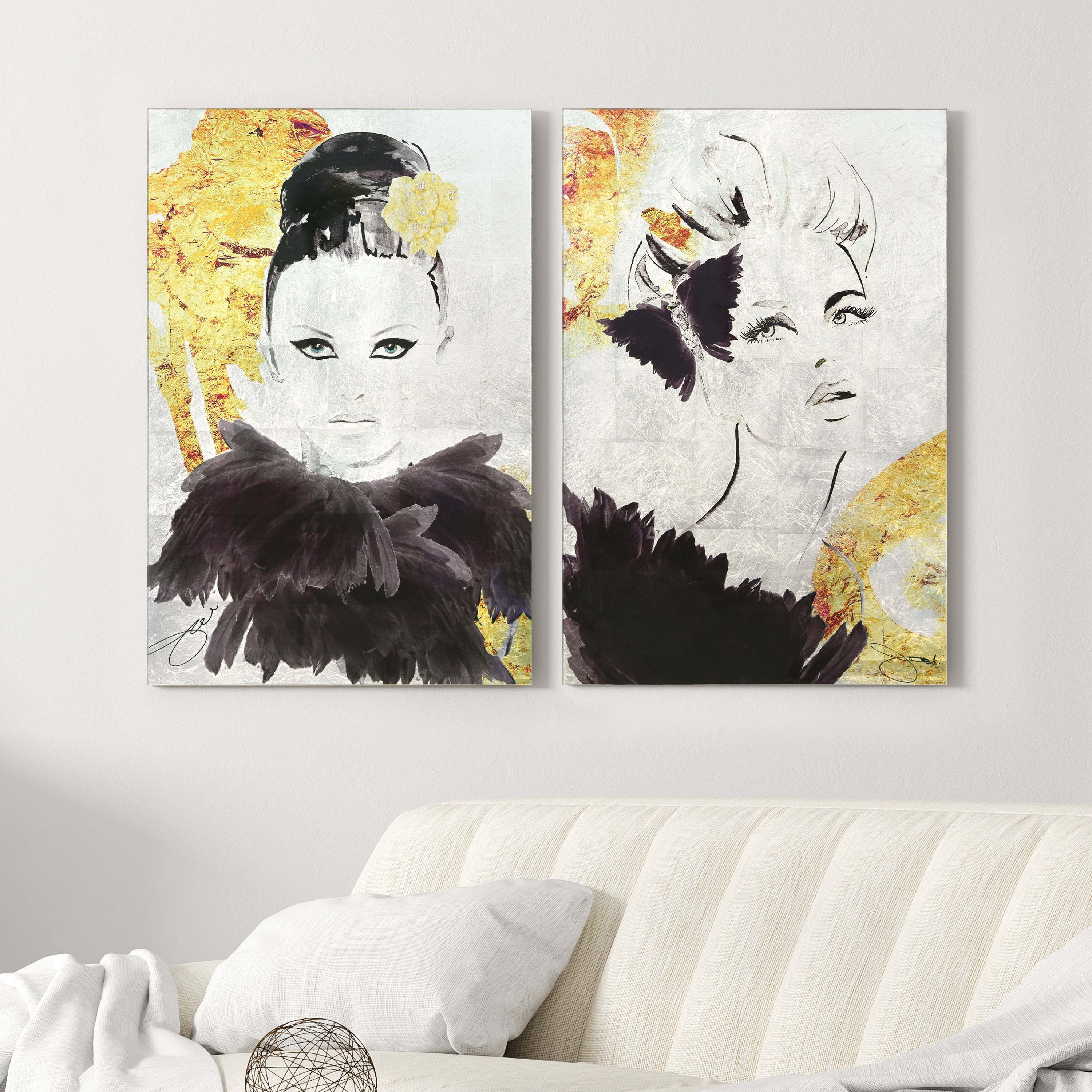 Gold Woman 1 & 2 Reverse Printed Tempered Glass Wall Art with Silver Leaf