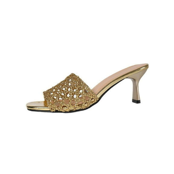 Gold Women Casual Slippers Featuring Solid Color Square Head Open Toe Hollow Woven High Heels For Comfort