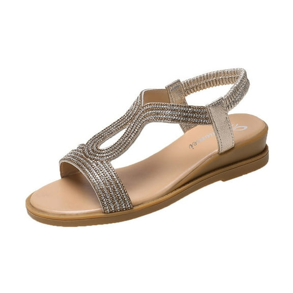 Gold Women Elastic Strap Sandals Round Toe Open Toe Gold Rhinestone For Spring Summer Footwear