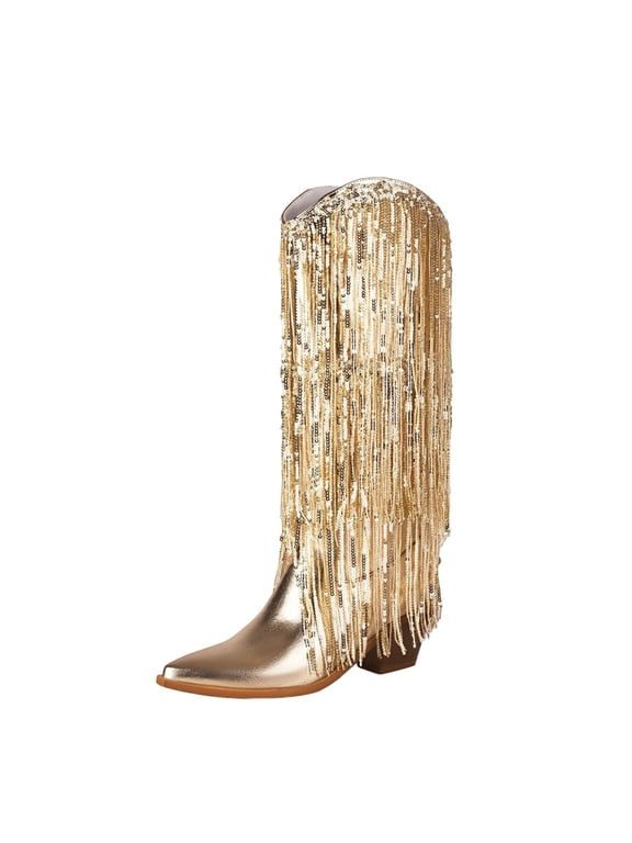 Gold Women'S Boots With Elegant Tassel And Sequin Embellishment, Pointed Toe, Chunky Heel, Ideal For Cool Weather And Stylish Looks