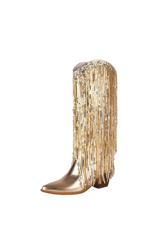 Gold Women'S Boots With Elegant Tassel And Sequin Embellishment, Pointed Toe, Chunky Heel, Ideal For Cool Weather And Stylish Looks