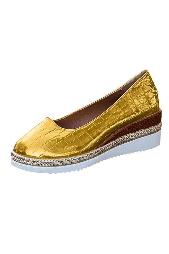 Gold Women'S Casual Spring Summer Shoes With Platform Sole Shallow Mouth Design Slope Heel Comfortable For Daily Use