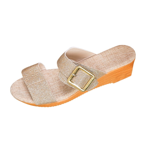 Gold Women'S Plus Size Wedge Heel Glitter Buckle Sandals Spring Summer Casual Beach Comfortable Trendy