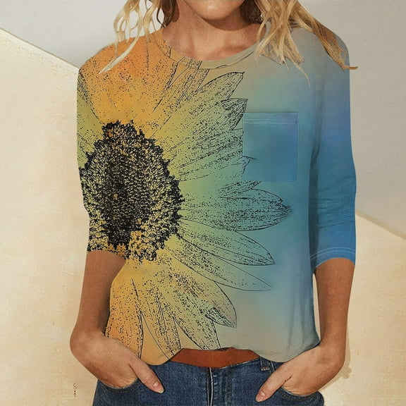 Gold Women's Long Sleeve T-shirt, Women'S 3/4 Length Sleeve T Shirts Casual Round Neck Cute Tunics Tops Basic Loose Fit Tees With Pocket Blouses,Women's Long sleeve T-shirt XL