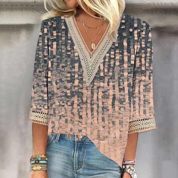 Gold Women's Short Sleeve T-shirt, Women'S V Neck Lace Edge Gradient Print Loose Seven Quarter Sleeve T Shirt,Women's Short sleeve T-shirt L