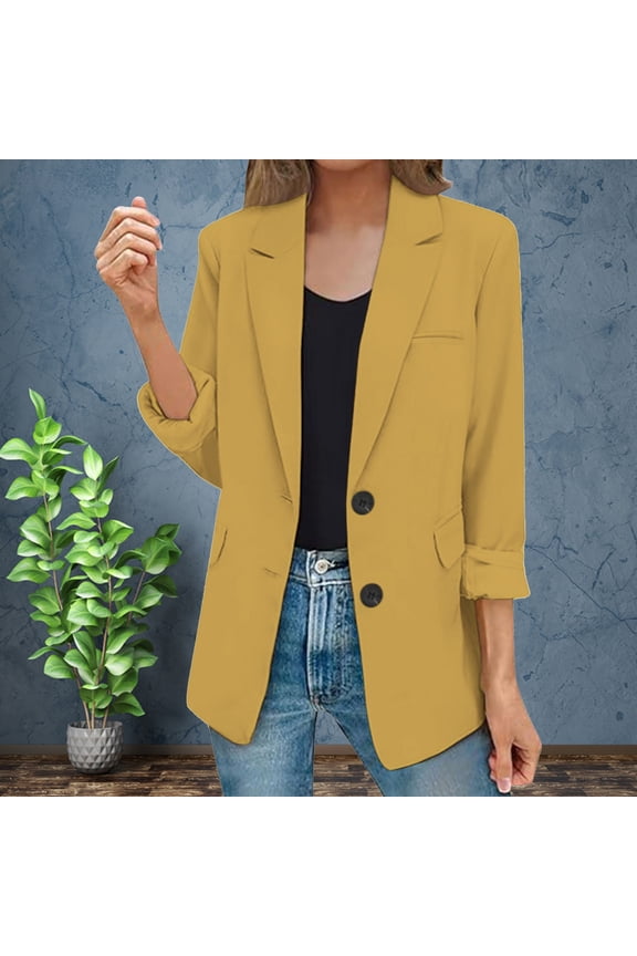 Gold Womens Blazer Jacket Womens Casual Jacket Pockets Long Sleeve Open Front Button Work Lapel Button Jacket Fall Trendy Outfits