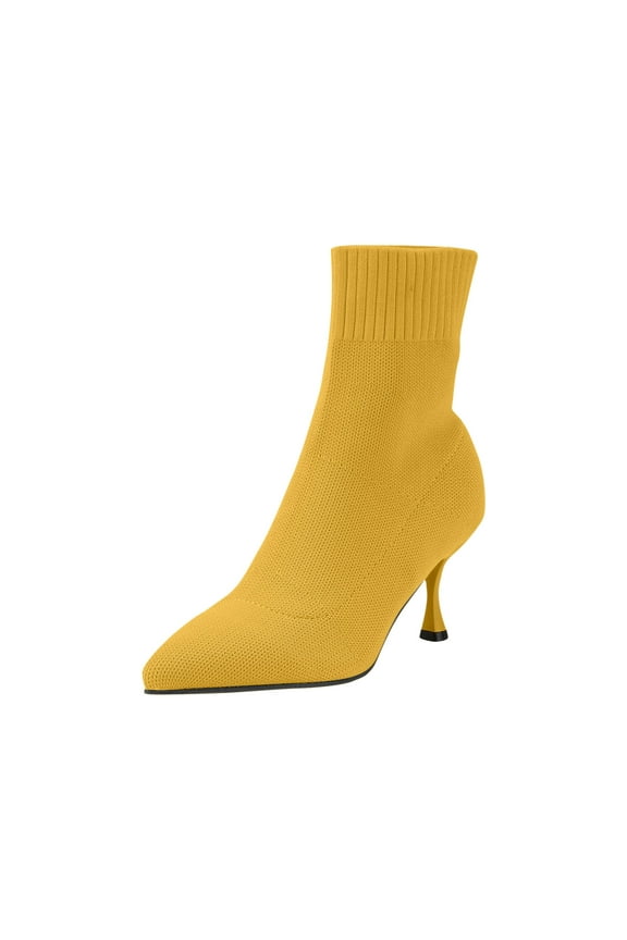 Gold Womens Casual Sock Shoes With Knitted Pointed Toe And 2.8 Inch Heel For Daily Wear And Easy Fit