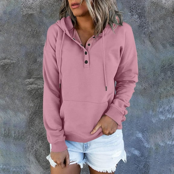 Gold Womens Fall Tops Long Casual Down for Womens Pocket Hooded Sweatshirts Pullover Sleeve Button V Drawstring Hoodies Neck Women's Hoodies & Sweatshirts Sweaters for Women