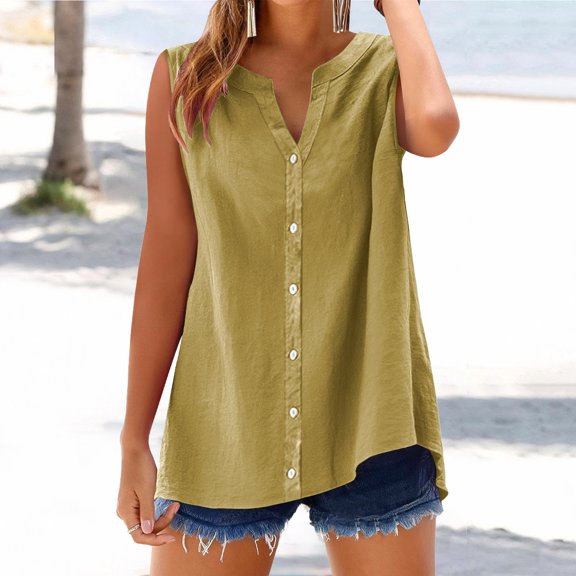 Gold Womens Tops Cotton Linen Shirts for Sleeveless Collared Tops Oversized Up Blouses Work Shirts Casual Summer Tshirt Shirts for Women