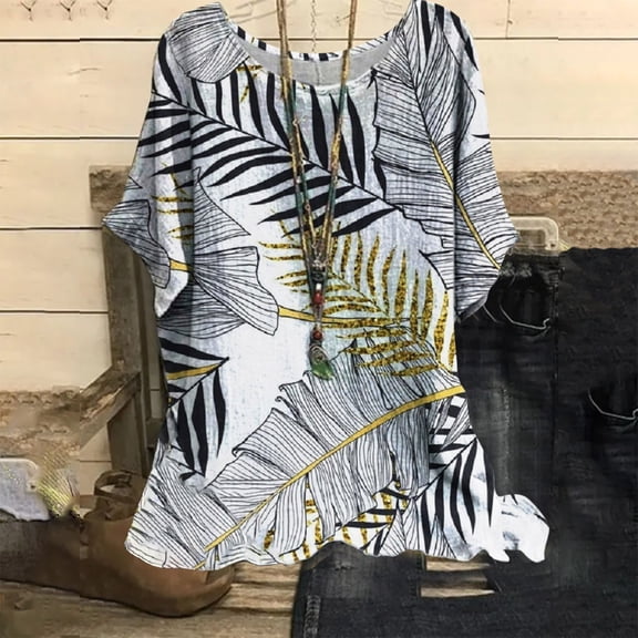 Gold Womens Tops Women's Casual Loose Leaf Butterfly Print Round Neck Top Shirts for Women