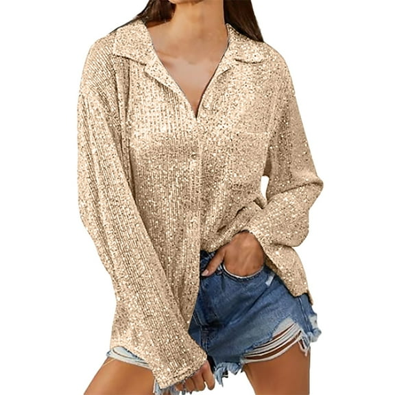 Gold Womens Tops Women's Long Sleeve Fashionable Sequin Lapel Solid Color Casual Shirts for Women