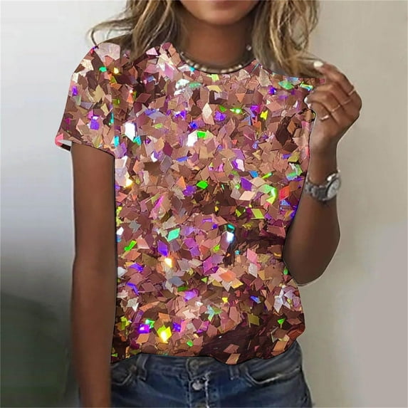 Gold Womens Tops Women's Short Sleeve Sequin Print Fashionable Round Neck Casual T Shirts for Women