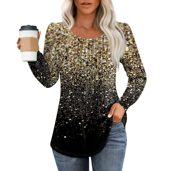 Gold Womens Tops Womens Fall Tops Loose Fit Pleated Long Sleeve Shirts Casual Crewneck Floral Print Blouse Plus Size Tees Going Out Tops for Women