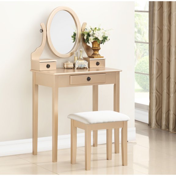 Adjustable Mirror Gold Wood Makeup Vanity and Stool | Keep Bedroom Jewelry and Cosmetics Neat