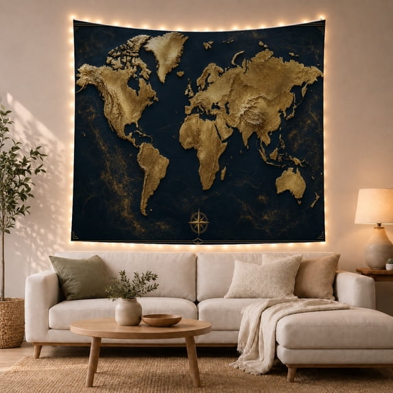 Gold World Map Against Deep Navy with Compass Rose, Dramatic Vintage for Travel Lovers, Cartography Wall Art, New Home Gift, Tapestry Wall Hanging for Living Room and Den