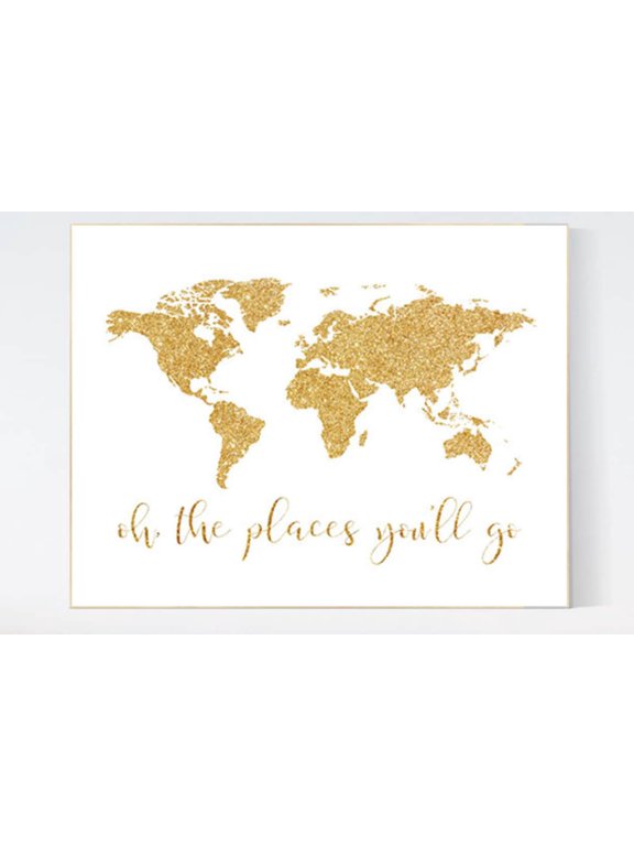 Gold World Map Nursery Print Baby Girl Room Decor