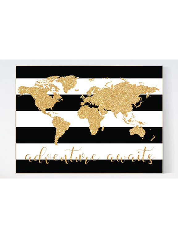 Gold World Map Print Black White Nursery Decor