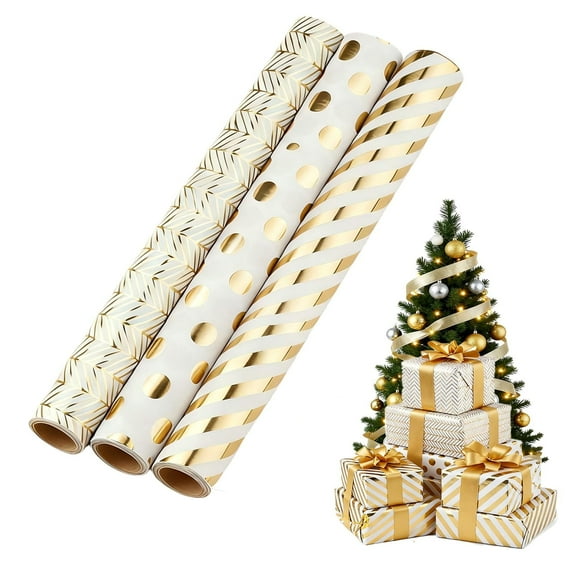 Gold Wrapping Paper Roll - Mini Roll - 3 Rolls - 17 Inch X 120 Inch Per Roll - Gold Foil Birthday Wrapping Paper with Polka Dots Stripes Geometry for Wedding, Christmas, Party