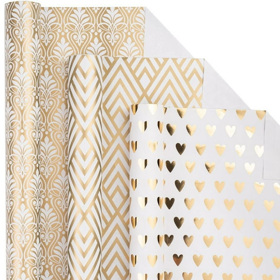 Gold Wrapping Paper Roll - Mini Roll - Geometric Patterns/ Floral/ Circle for Wedding, Bridal Shower, Birthday - 17 x 120 inches - 3 Rolls (42.5 sq.ft.ttl.)