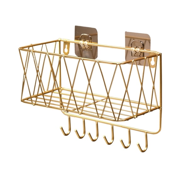 Gold Wrought Iron Hook Shelf, No-Drill Bathroom Storage Basket, Pattern Towel & Toiletry Organizer for Wall-Mounted Space-Saving