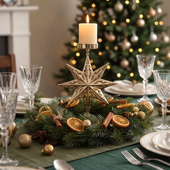 Gold Wrought Iron Star Candle Holder Wide 8-pointed Star Cut Out Patterns 6.69 Inch Tall Candlestick for Dining Table Mantel Decor