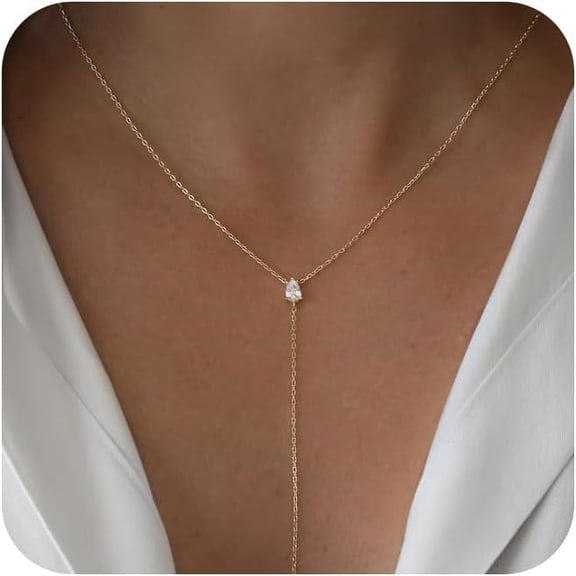 Gold Y Necklace For Women 14K Gold Plated Y-Shaped Drop Necklaces Cz Long Necklace Cubic Zirconia Pendant Layered Long Lariat Necklace Women Jewelry[o7215]