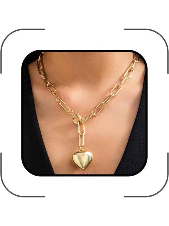 Gold Y-Shaped Heart Pendant Choker for Woman Chunky Paper Clip Chain Love Lasso Necklace Y2k Heart Clavicle Necklace Aesthetic Jewelry Accessory