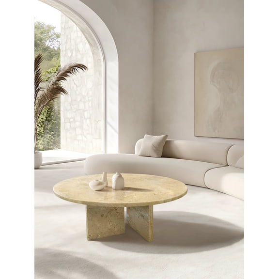 Gold Yellow Beige Natural Marble Coffee Table Small Living Room Table with Unique Veining Genuine Stone Centerpiece Ø70 cm Height 32 cm