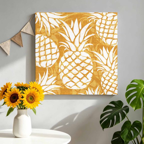 Gold Yellow Pineapple Canvas Wall Art for Living Room, Summer Country Vintage Tropical Botanical Fruits Poster Print Painting for Bedroom Office Home Decoration Wall Pictures Prepare To Hang 8"x8"