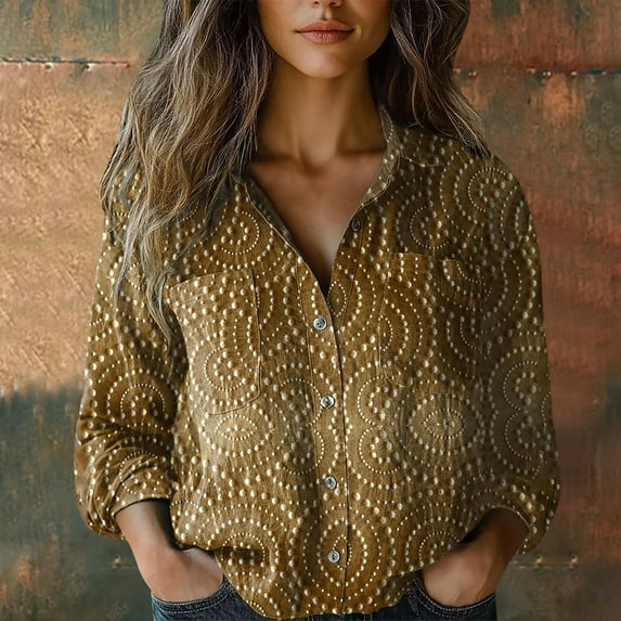Gold Young Adult Tops Women Cotton Shirt Printed Fashion Button Down Shirts Casual Tops Long Sleeve Blouse Plus Size Tops for Women