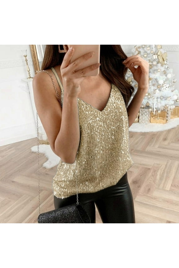 Gold Young Adult Tops Womens Glitter Strappy Tank Tops Ladies Sparkle Cami Swing Vest Clubwear Plus Size Tops for Women