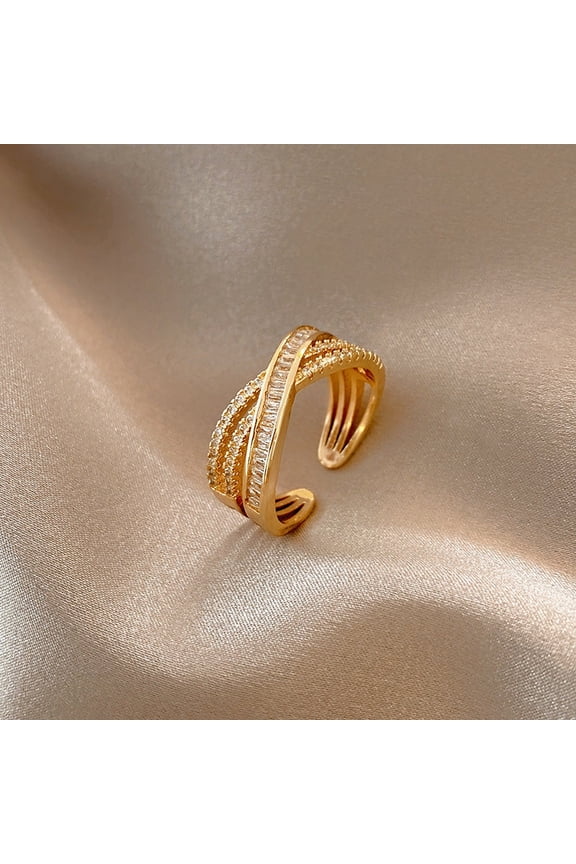 Gold Zircon Forefinger Ring Zip Open Design Open Mouth Copper Jewelry Adjustable Geometric Ellipse Pearl Accent