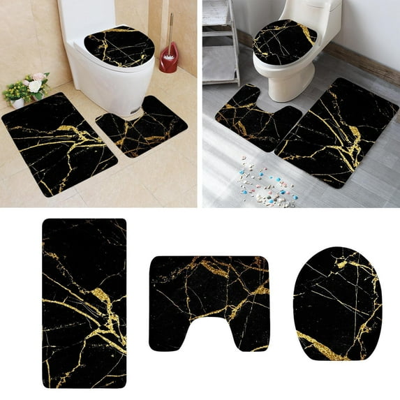 Gold and Black Bathroom Rug Set with Non- Mat and Toilet Cover for