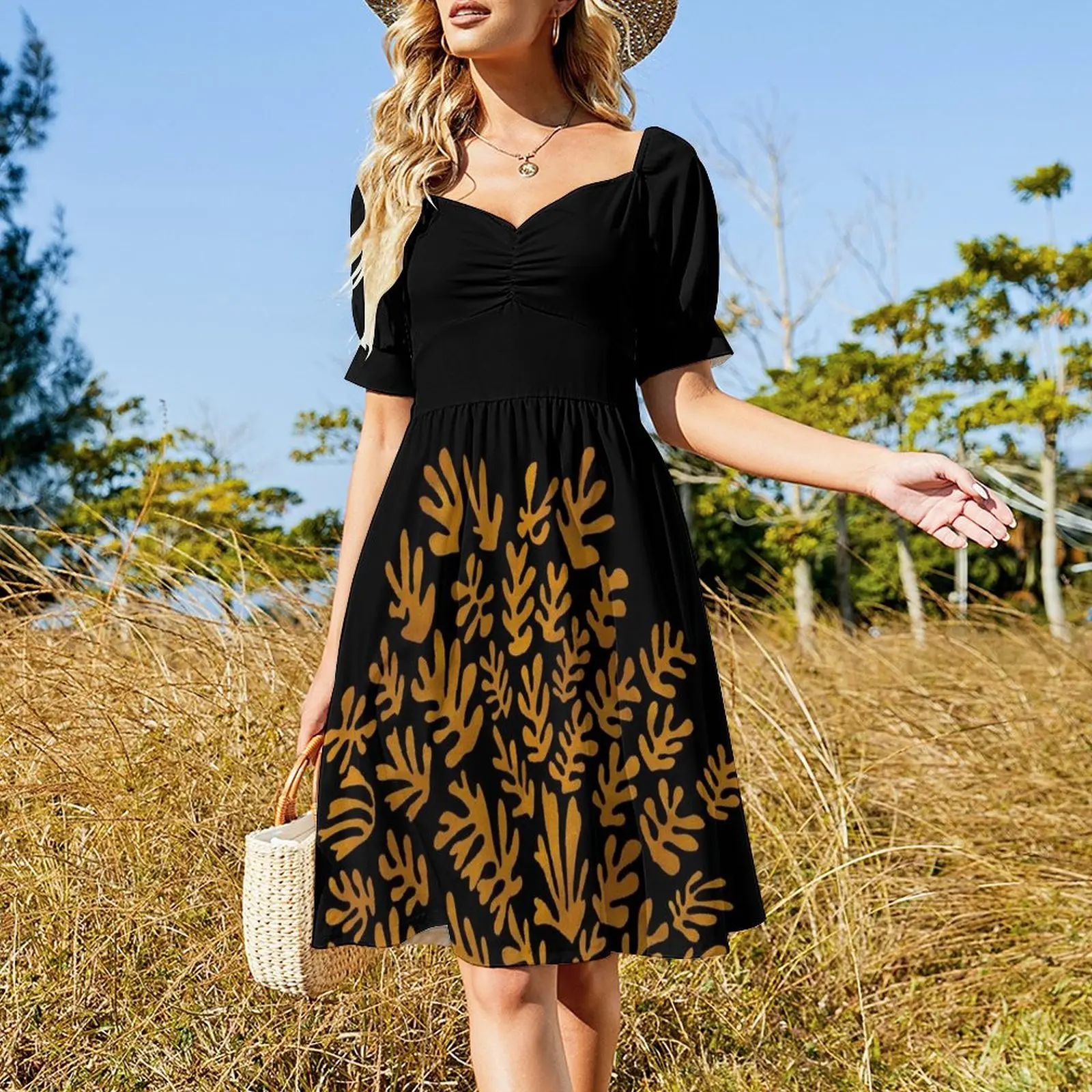 Gold and Black Leaves Sleeveless Dress long dress women woman dress women's  clothing summer 2024 novelties - Walmart.com