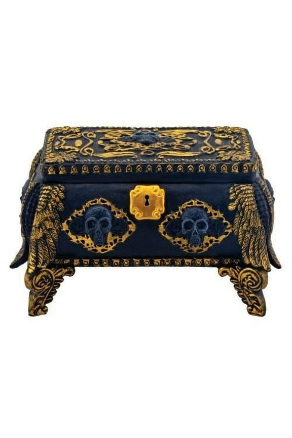Gold and Black Skull Jewelry Holder Box Container with Mirror Inside
