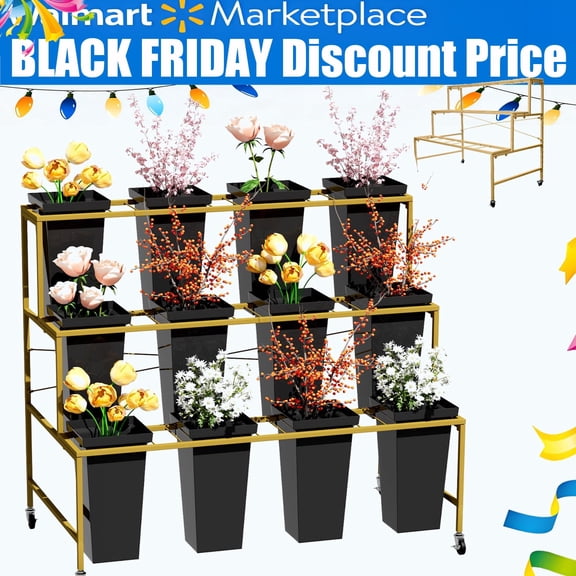 Gold and Black Square Flower Display Stand With 12 PCS Buckets,3 Layers Plant Cart with Wheels,Shipped in Two Parcels for Indoor