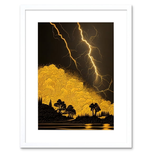 Gold and Black Thunder Storm with Bright Lightning at Lakeside Tree Silhouette Artwork Framed Wall Art Print 9X7 Inch