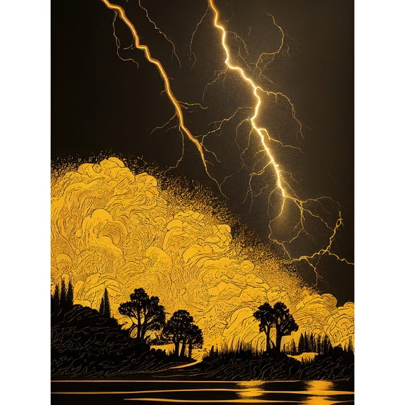 Gold and Black Thunder Storm with Bright Lightning at Lakeside Tree Silhouette Extra Large XL Wall Art Poster Print